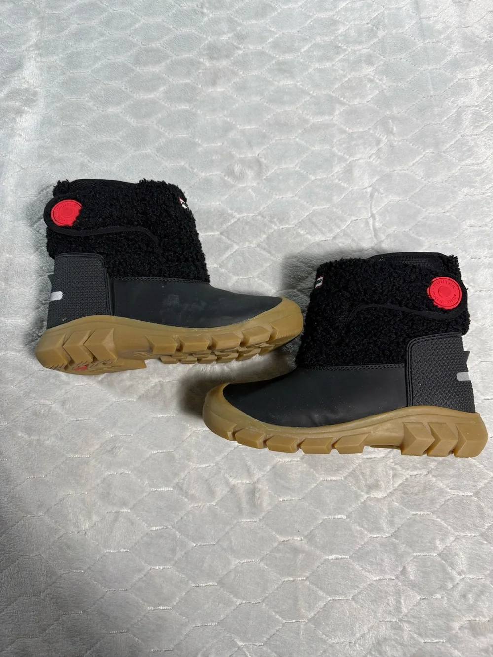 Hunter Roll Top Rain Boots Youth Size 3 Black Fleece Lined Gum Sole